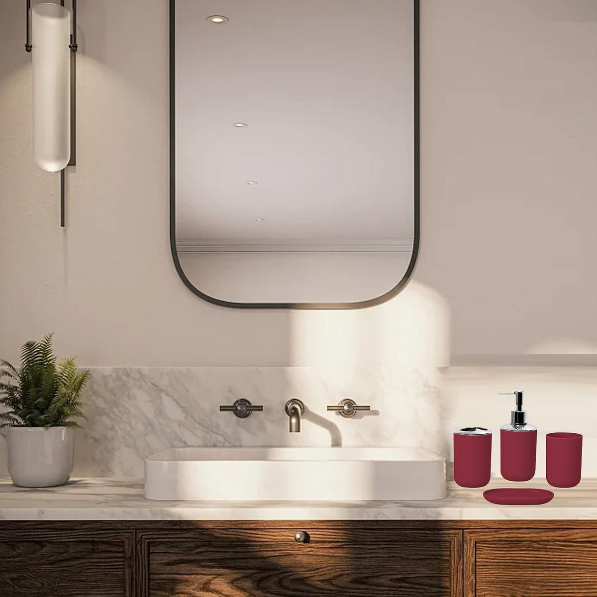 4-teiliges Badezimmer Set – Moderner Organizer in Weinrot