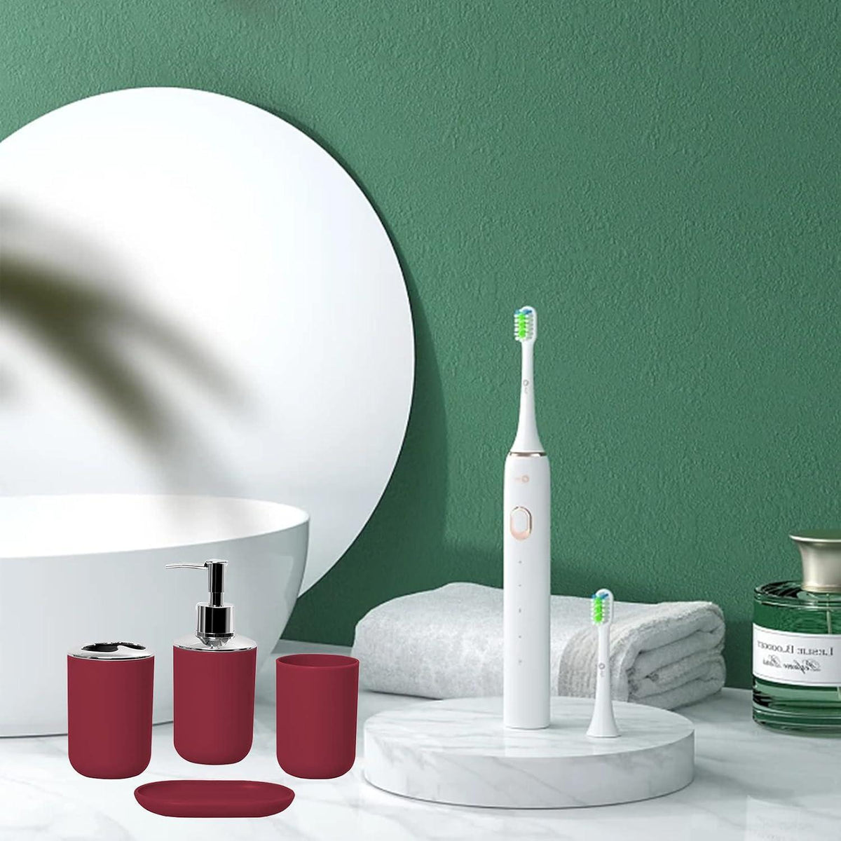 4-teiliges Badezimmer Set – Moderner Organizer in Weinrot