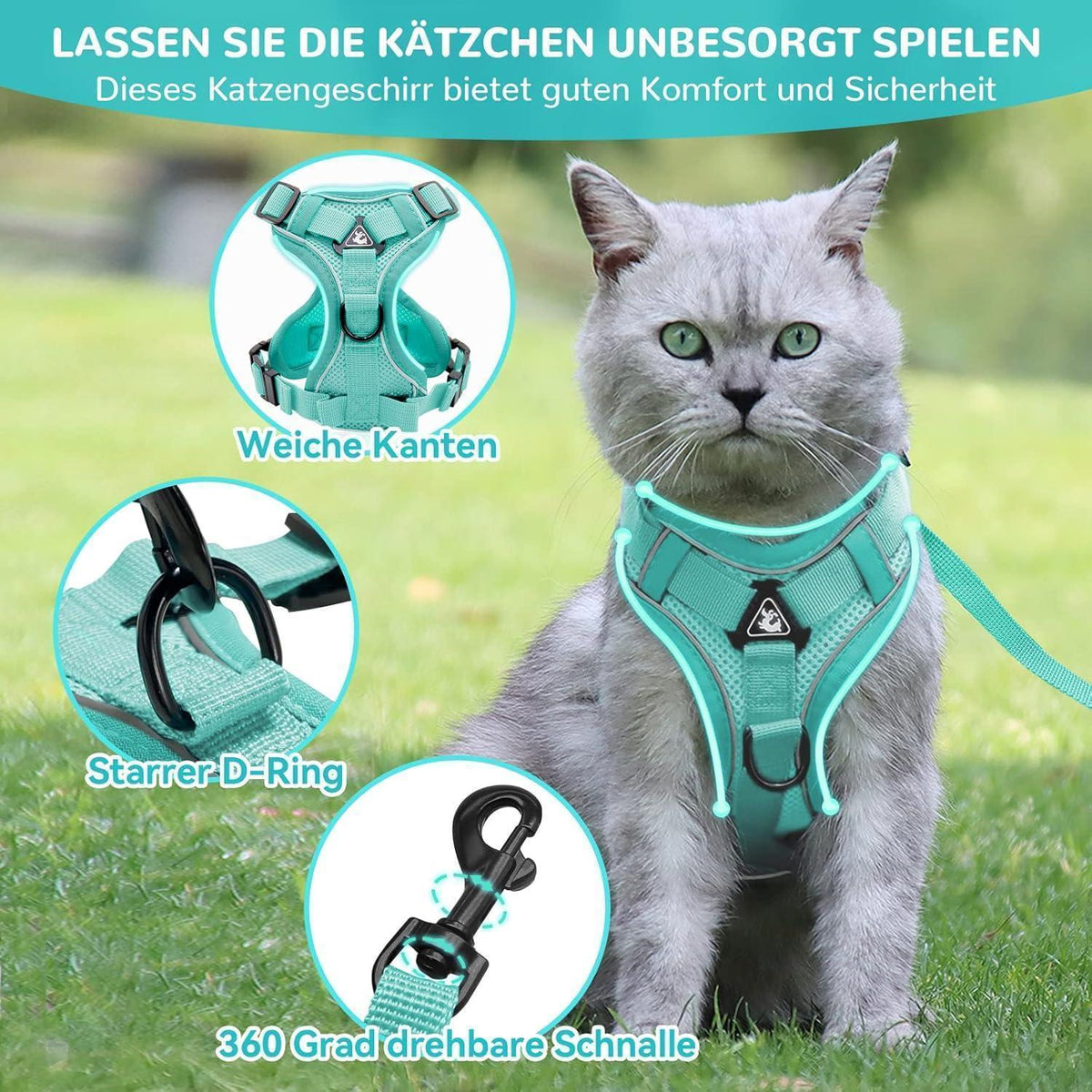 Ausbruchsicheres Katzengeschirr mit Leine, Mintgrün S