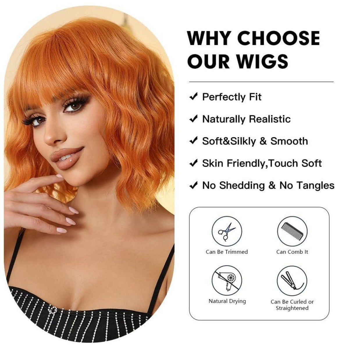 Orange Bob Perücke mit Pony – Gewelltes, Lockiges Haar