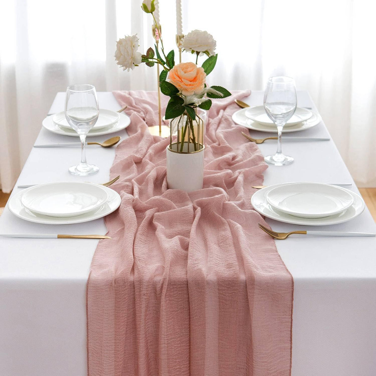 Musselin Tischläufer Altrosa Vintage 300x80cm Hochzeit Waschbar