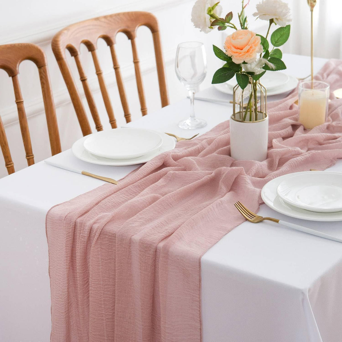 Musselin Tischläufer Altrosa Vintage 300x80cm Hochzeit Waschbar