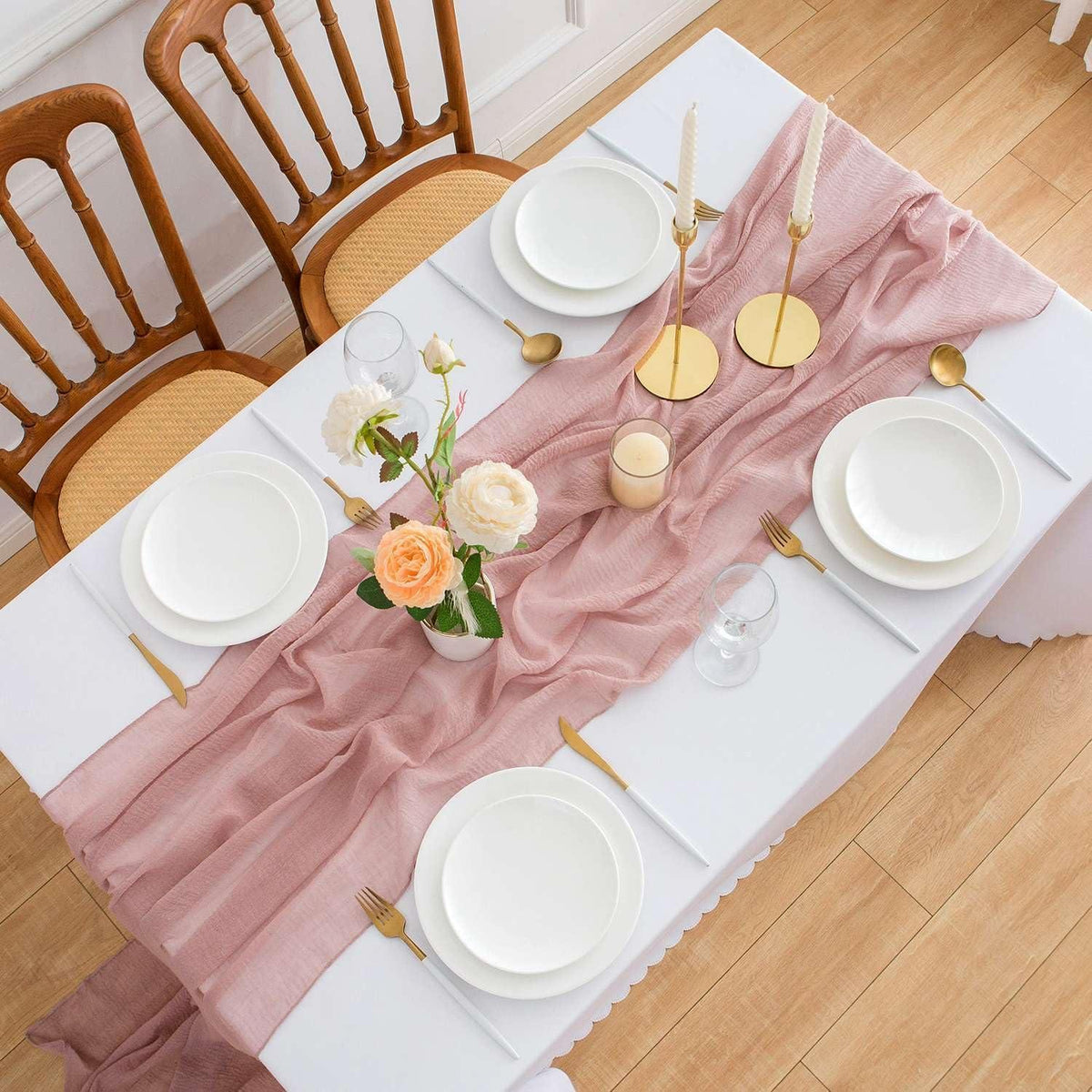Musselin Tischläufer Altrosa Vintage 300x80cm Hochzeit Waschbar