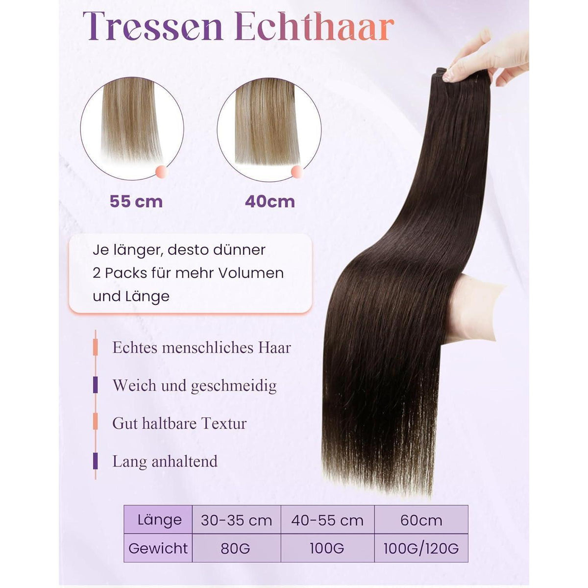 Dunkelbraune Echthaar Tressen 40cm - Remy Echthaar Extensions