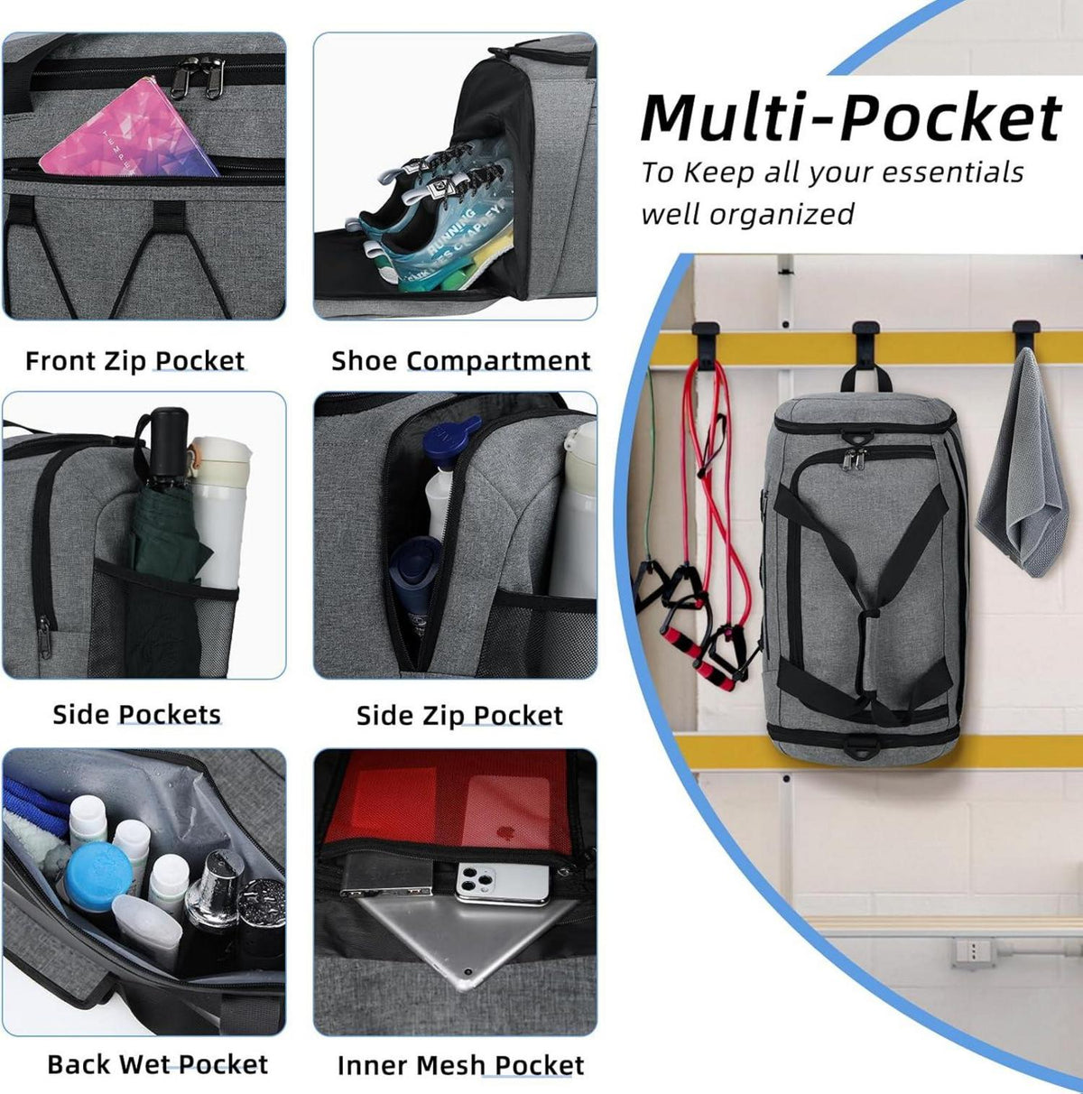 NUBILY Sporttasche Herren Damen 55L Groß Wasserdicht Grau