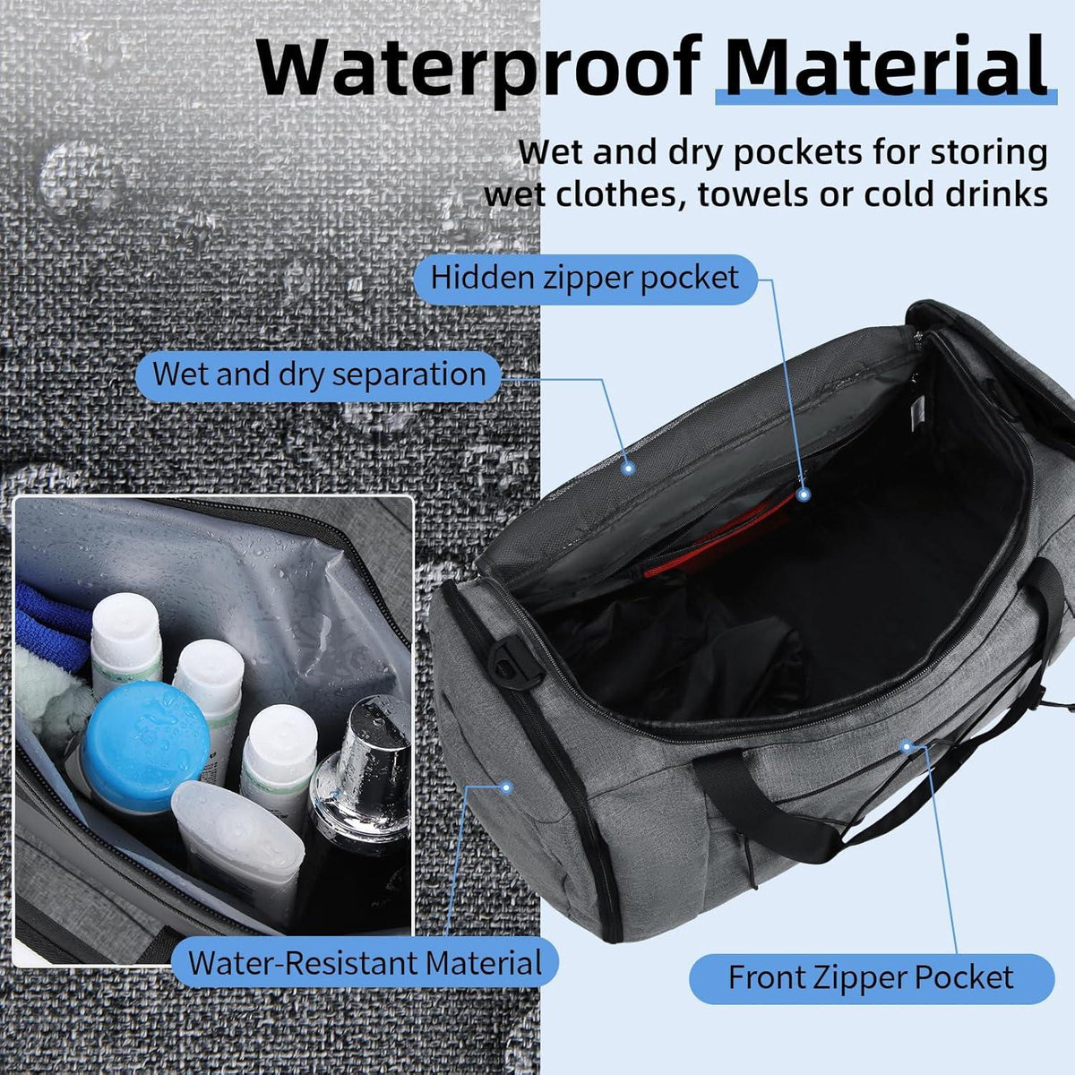 Sporttasche Herren Damen 55L mit Schuhfach Nassfach wasserdicht Grau