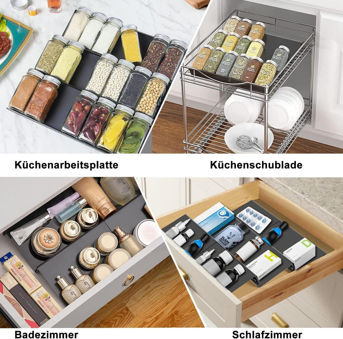 Ausziehbares Gewürzregal für Küchenschublade aus Edelstahl, 3 Ebenen, platzsparend
