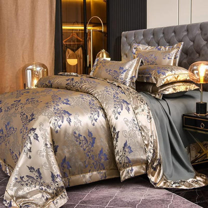 Satin Bettwäsche-Set Gold Blau Blumenmuster 200x220+80x80