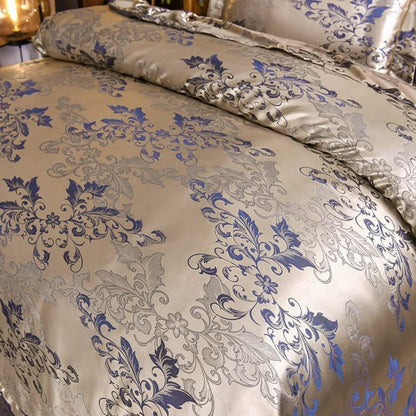 Satin Bettwäsche-Set Gold Blau Blumenmuster 200x220+80x80