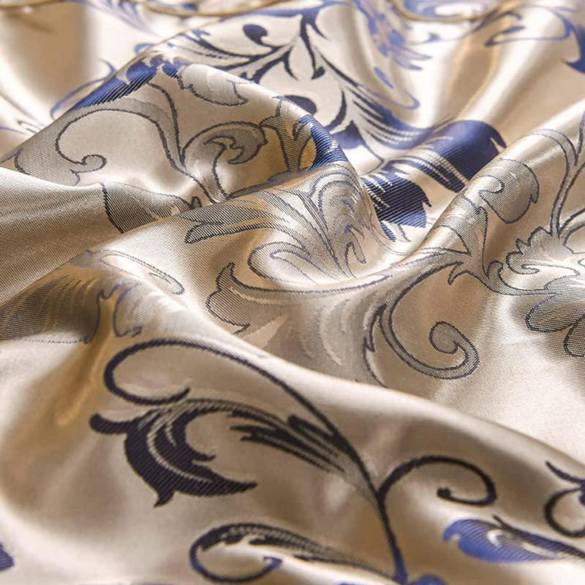Satin Bettwäsche-Set Gold Blau Blumenmuster 200x220+80x80