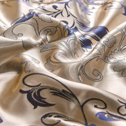 Satin Bettwäsche-Set Gold Blau Blumenmuster 200x220+80x80
