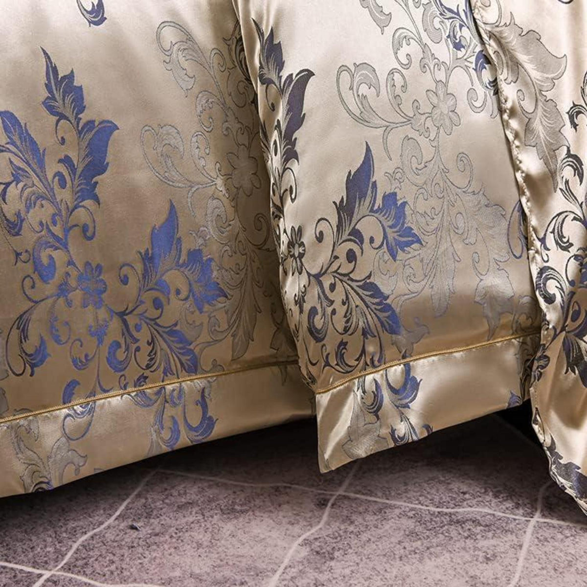 Satin Bettwäsche Set 135x200 Blumen Gold Blau Barock