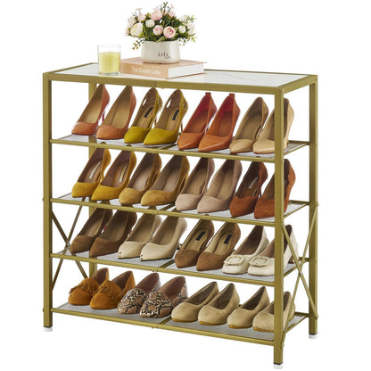 Schuhregal 5 Ebenen – Industrielles Metallgitter, Weiß & Gold