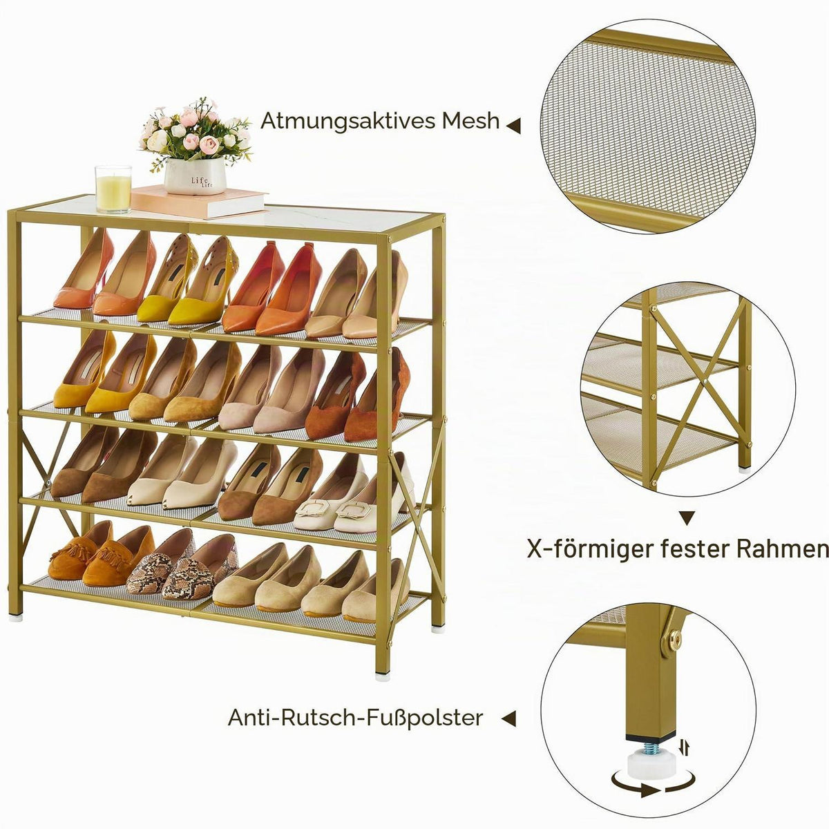 Schuhregal 5 Ebenen – Industrielles Metallgitter, Weiß & Gold