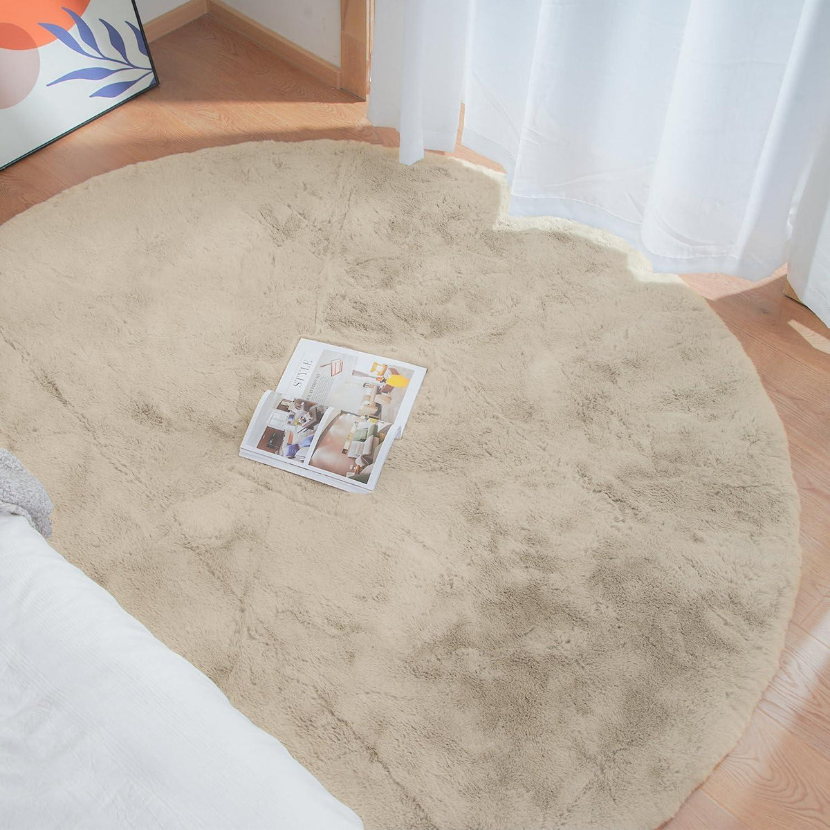 Runder Fellteppich Beige 150cm - Flauschiger Teppich für Schlafzimmer