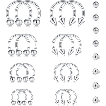 Hufeisen Nasenring Piercing Set 24tlg. Silber, Schwarz, Roségold 16G