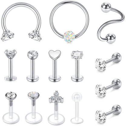 Chirurgenstahl Tragus Helix Piercing Set 14 Stück Silber