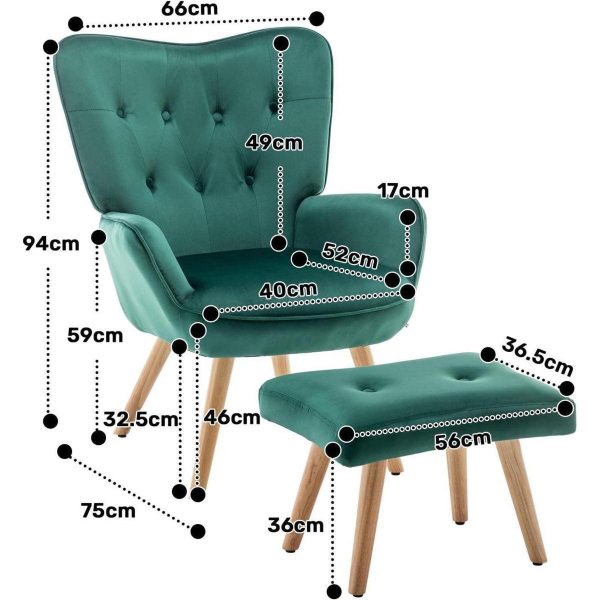 Ohrensessel mit Hocker, Grün – Bequemer Samt Relaxsessel
