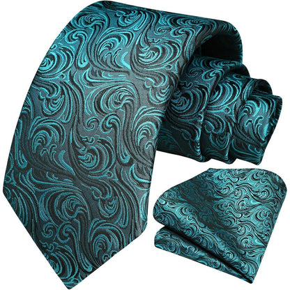 Herren Krawatte & Einstecktuch Set Paisley Seide Teal