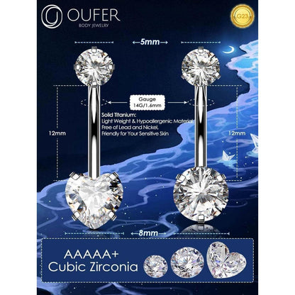 Bauchnabelpiercing Titan 12mm Extra Lang 14G mit Zirkonia Herz