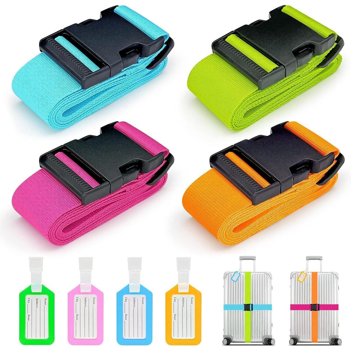 Koffergurte 4er Set mit Adressschild, verstellbar, 4 Farben