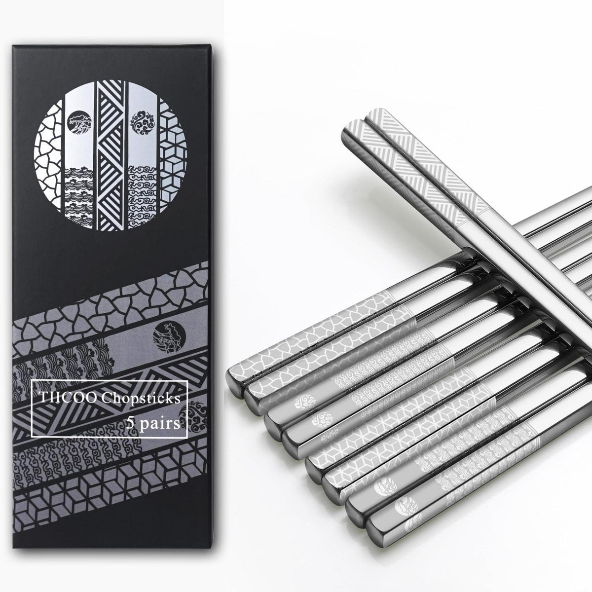 Edelstahl Essstäbchen Set | Lasergraviert, Titanbeschichtet, 5 Paar