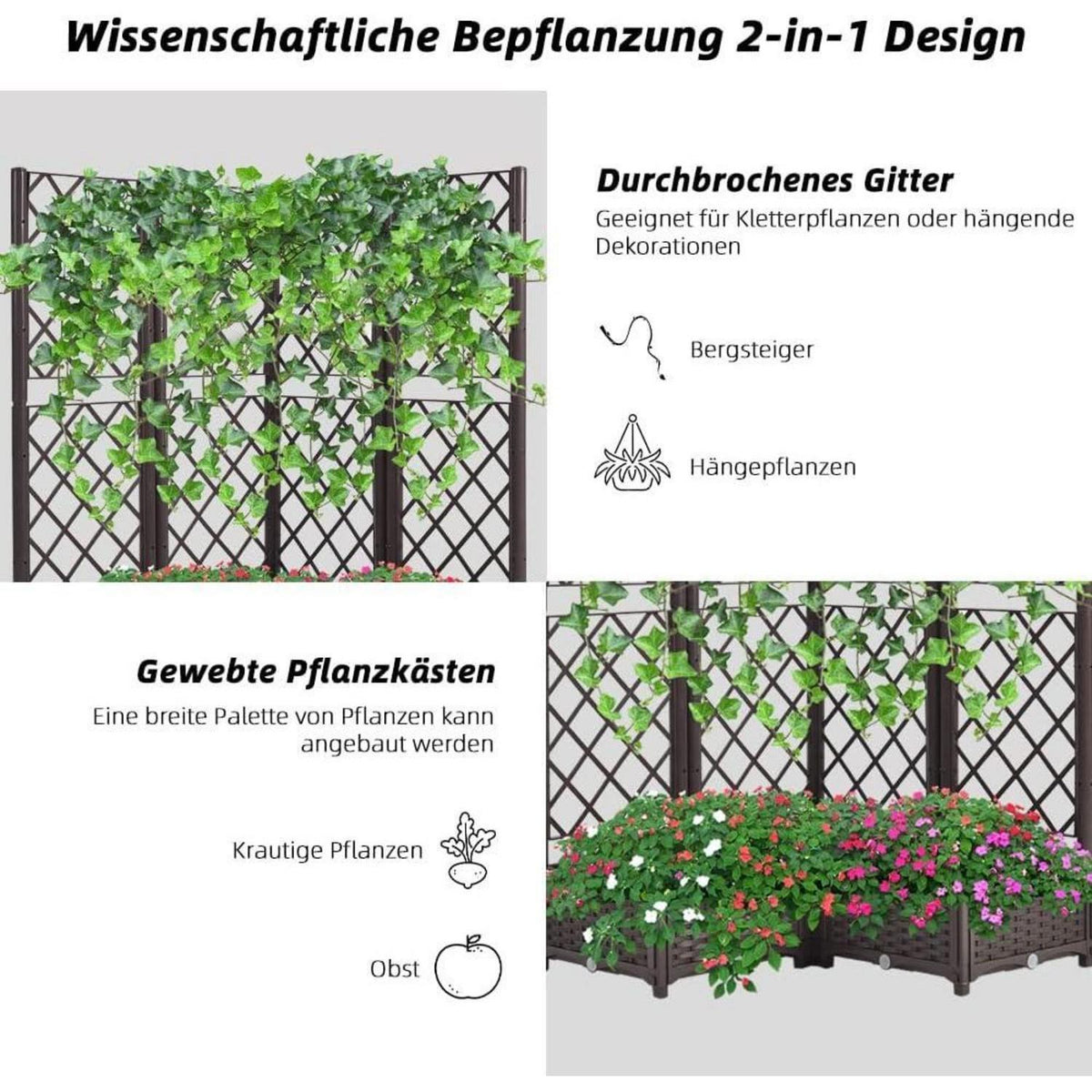 Hochbeet mit Rankgitter & Selbstbewässerung Braun 113x40x136cm