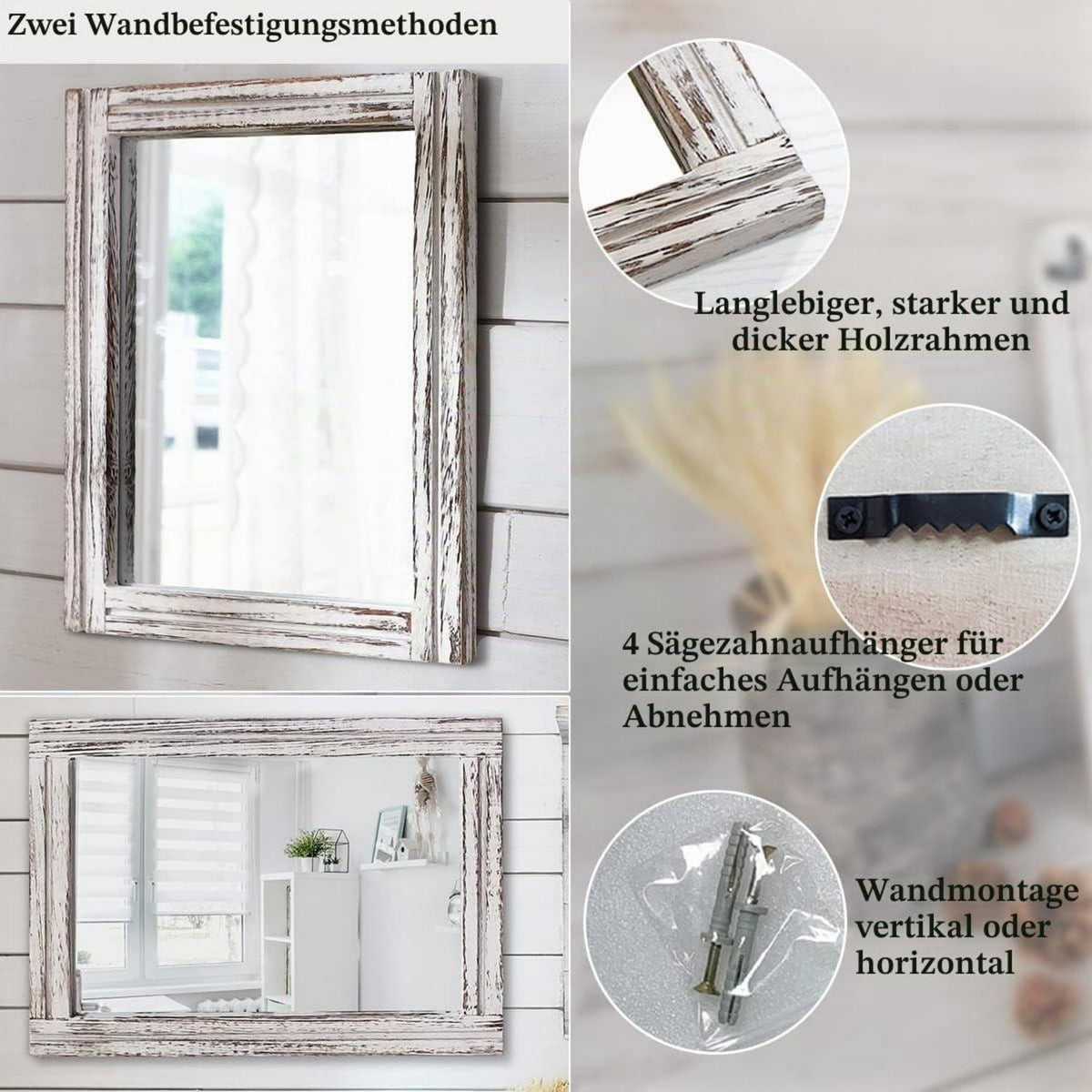 Großer rustikaler Wandspiegel 70x50cm – Holzrahmen, Badezimmer & Deko