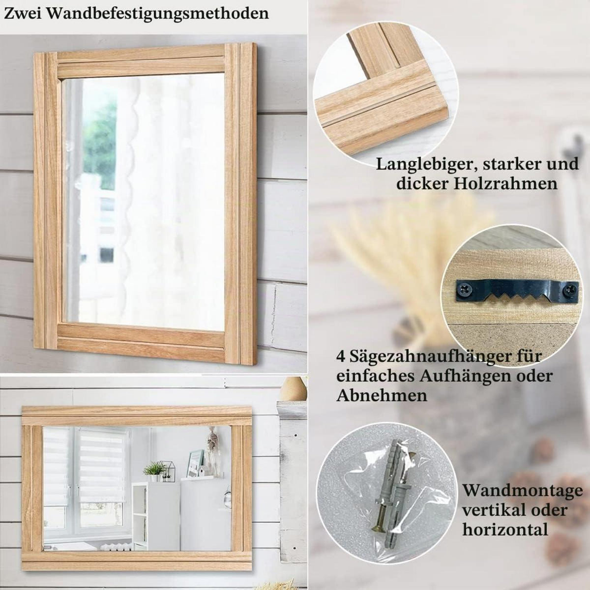 Rustikaler Wandspiegel Holzrahmen 70x50 cm – Bauernhaus Stil
