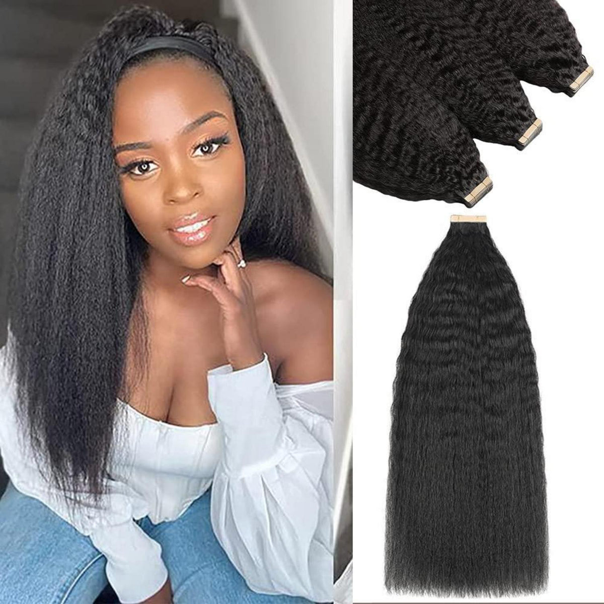 Echthaar Tape Extensions Schwarz Kinky Straight 12-16 Zoll
