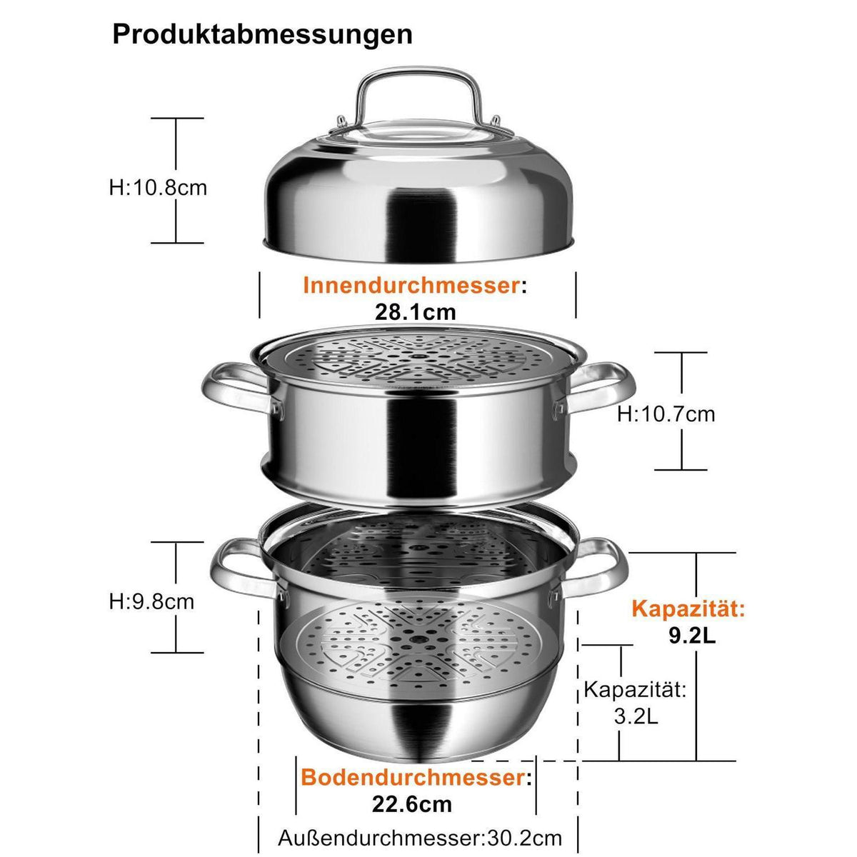 Dampfgarer Edelstahl 3 Etagen – Induktionstauglich 30cm