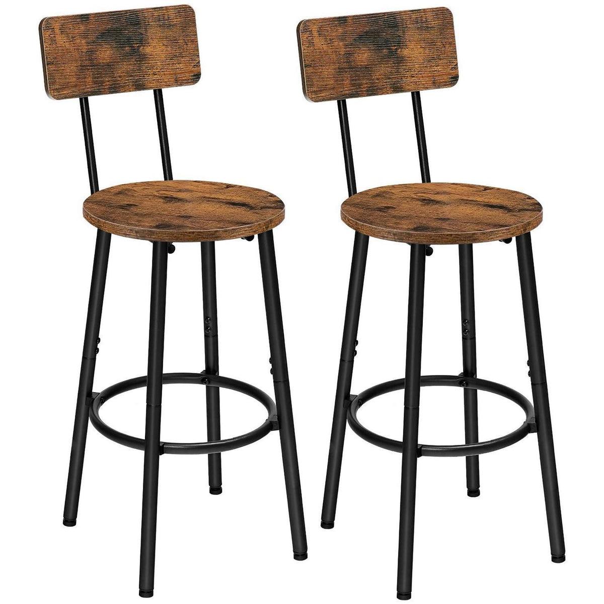 Barhocker Set 2er-Pack mit Rückenlehne & Fußstütze – Vintage Braun/Schwarz