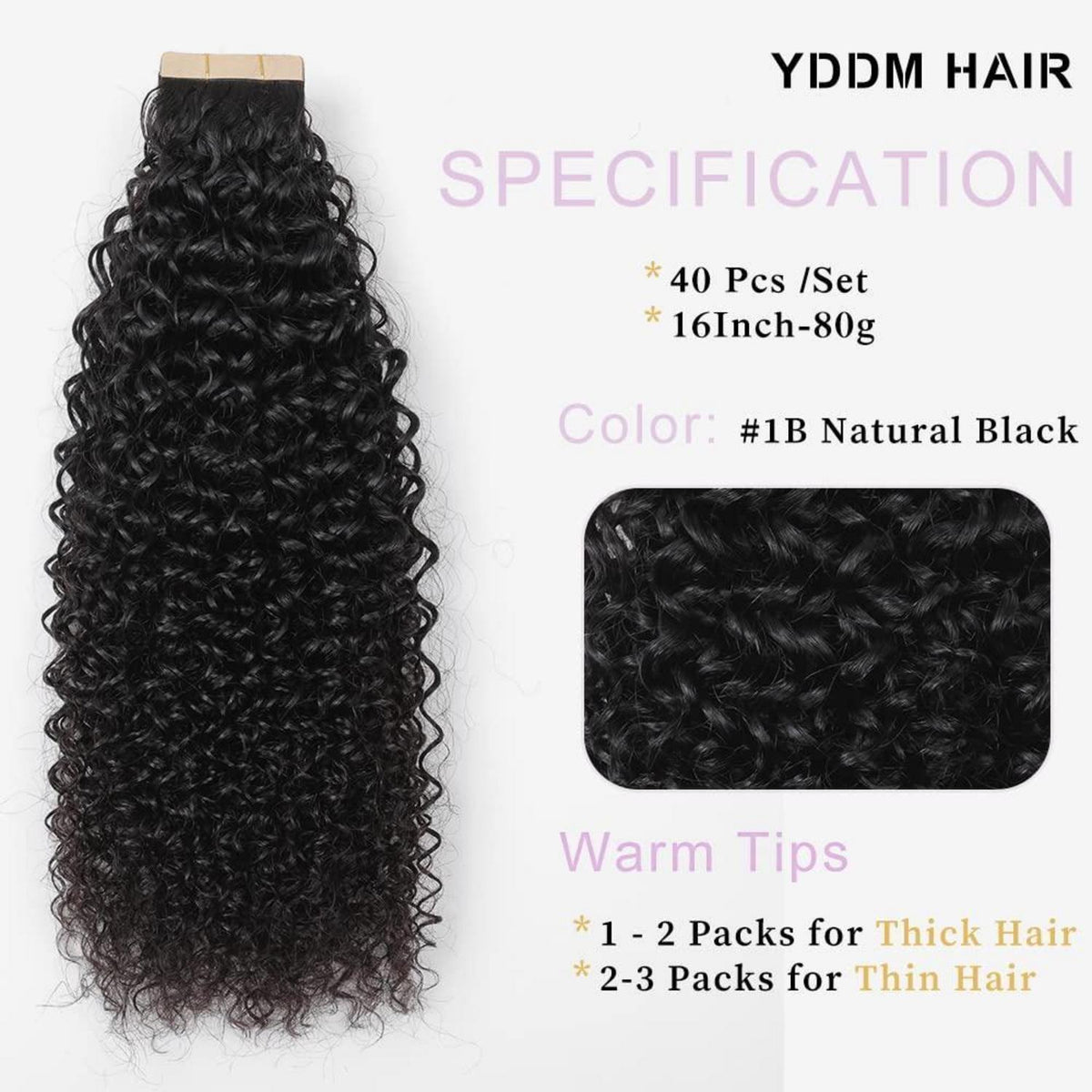 Echthaar Tape Extensions Schwarz Kinky Curly 16 Zoll
