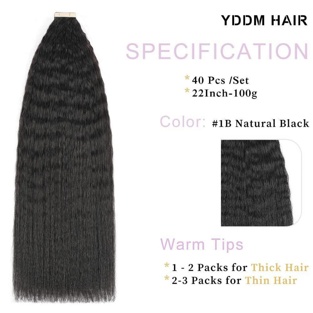 Echthaar Tape Extensions Schwarz Kinky Straight 22 Zoll