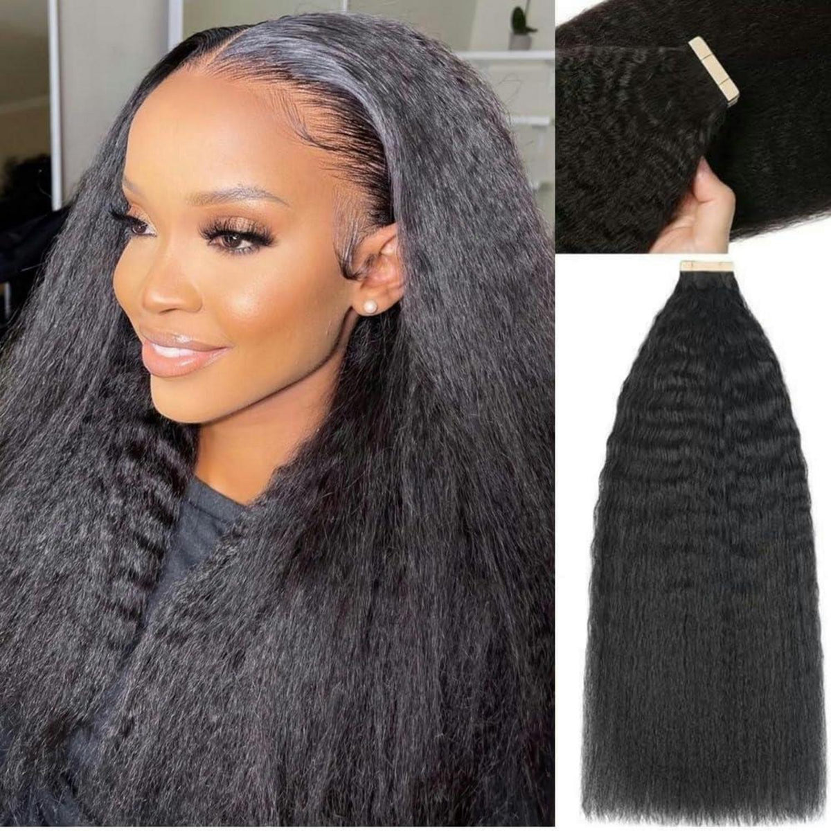 14 Zoll Echthaar Tape Extensions Schwarz Kinky Straight