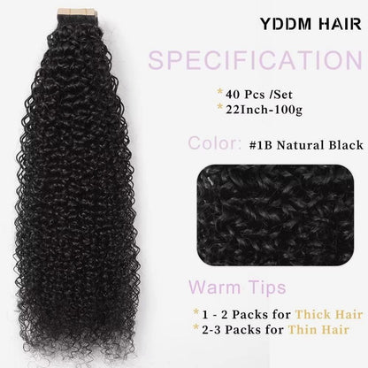 Echthaar Tape Extensions Schwarz Kinky Curly 22 Zoll