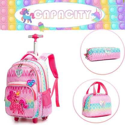 Rollrucksack Schulranzen Einhorn 3in1 mit Lunch Bag & Mäppchen