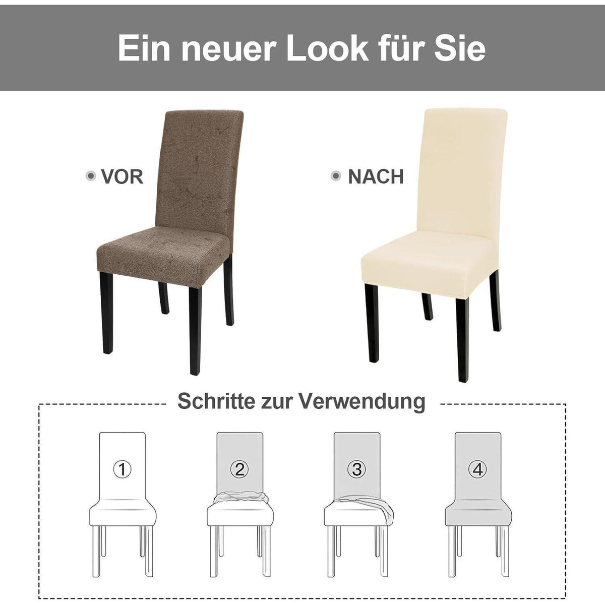 Stretch Stuhlhussen 6er Set – Beige | Abnehmbar & Waschbar
