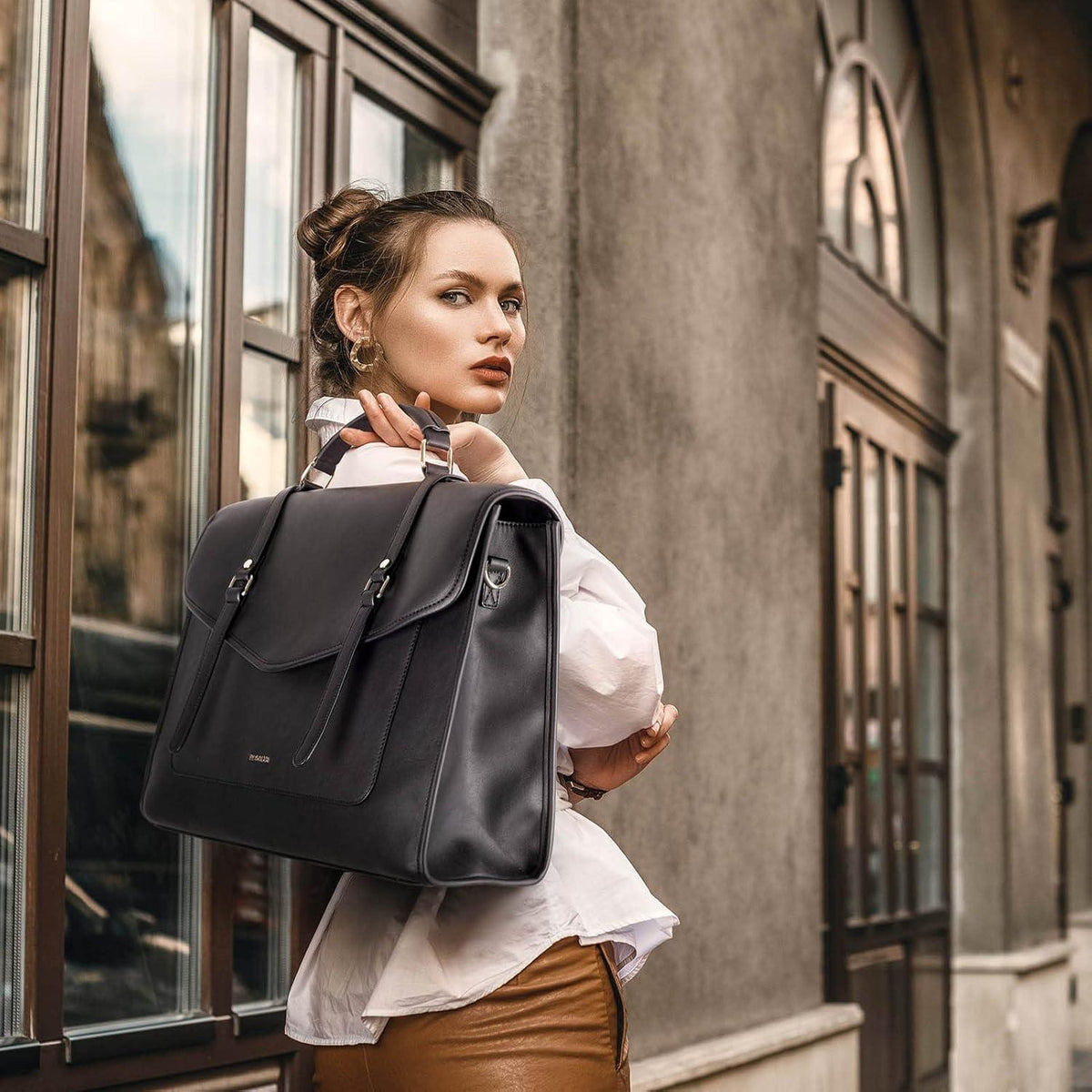 ECOSUSI Laptop Handtasche Damen 15,6 Zoll PU-Leder Messenger Bag Schwarz