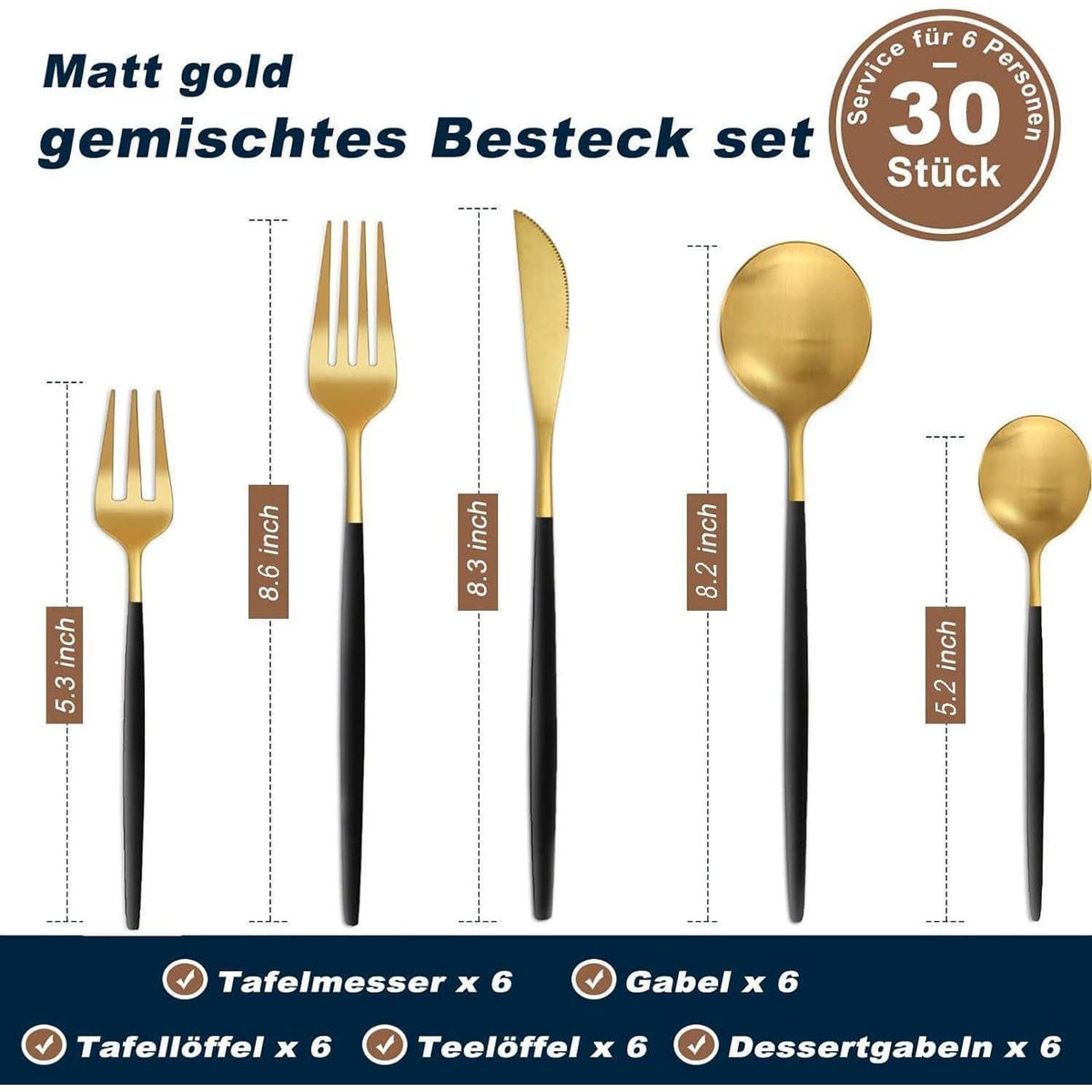 Besteckset 30 Teile für 6 Personen Schwarz Gold Matt Edelstahl