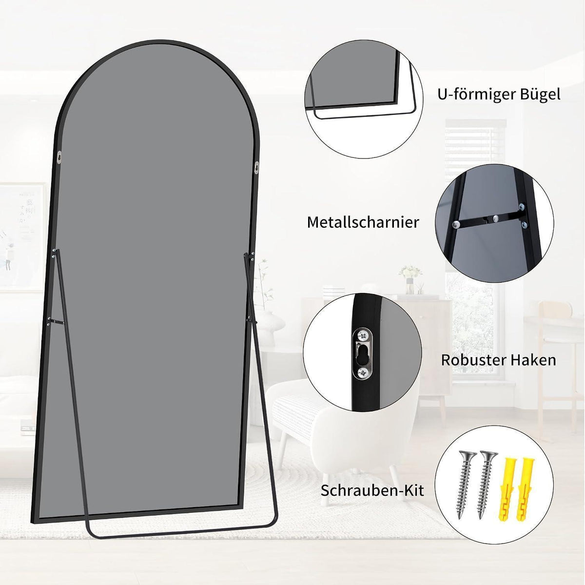 Ganzkörperspiegel Bogenförmig 179x65cm mit Schwarzrahmen