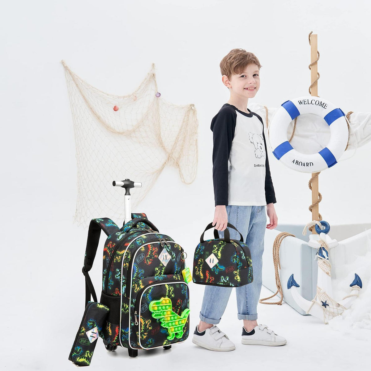 Rollender Rucksack für Mädchen 6-8 Jahre – Koffer-Set mit Lunchbox
