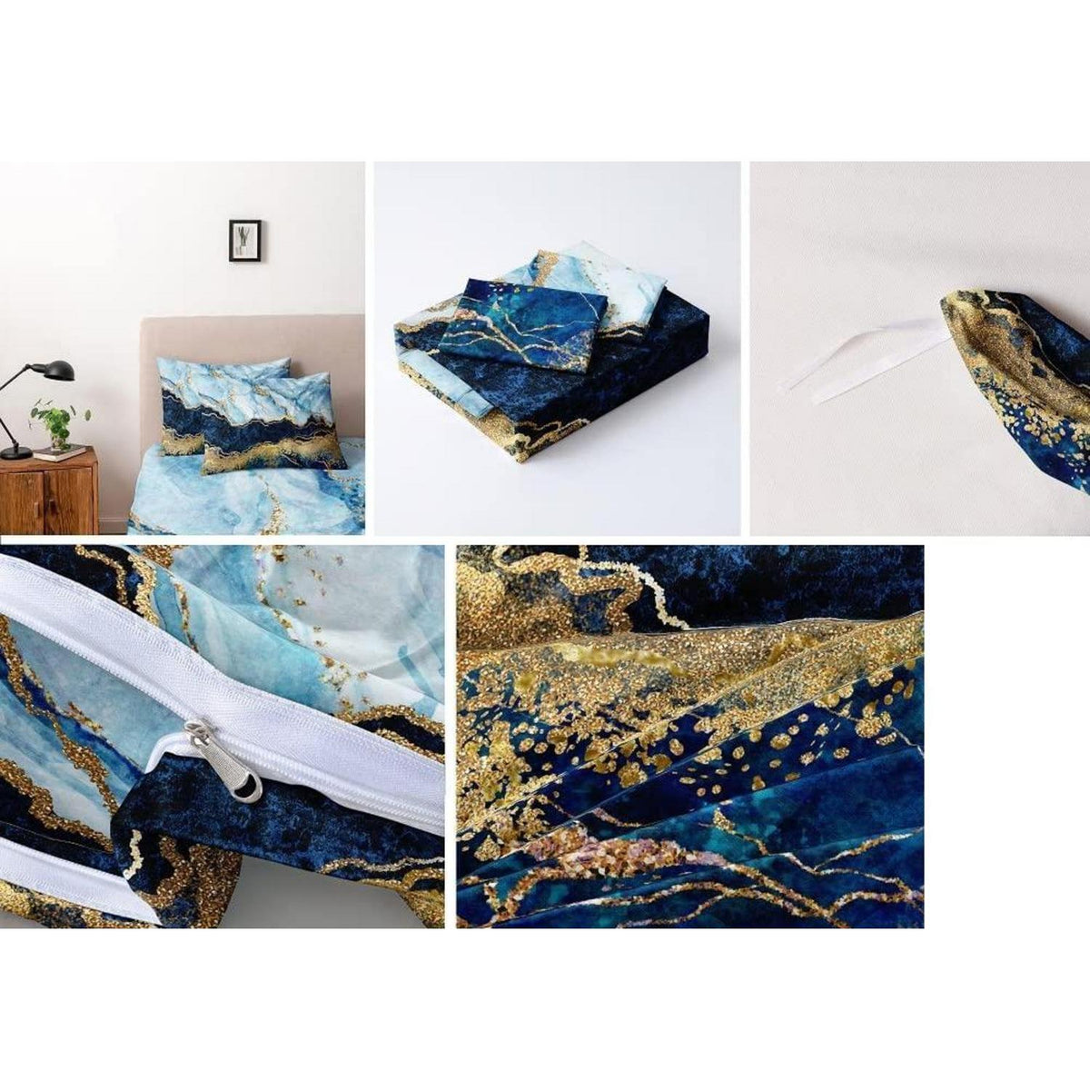 4tlg. Bettwäsche Set Marmor Hellblau 135x200 cm Mikrofaser