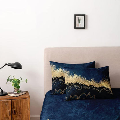 4tlg. Bettwäsche Set Marmor Gold Blau 135x200 cm Mikrofaser