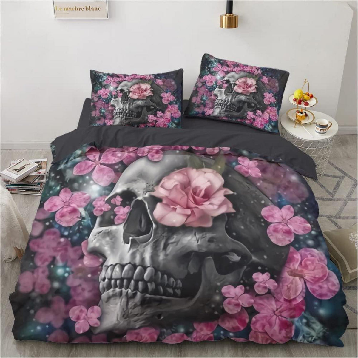 Gothic Bettwäsche Set Totenkopf Blumen 135x200 cm 4-teilig