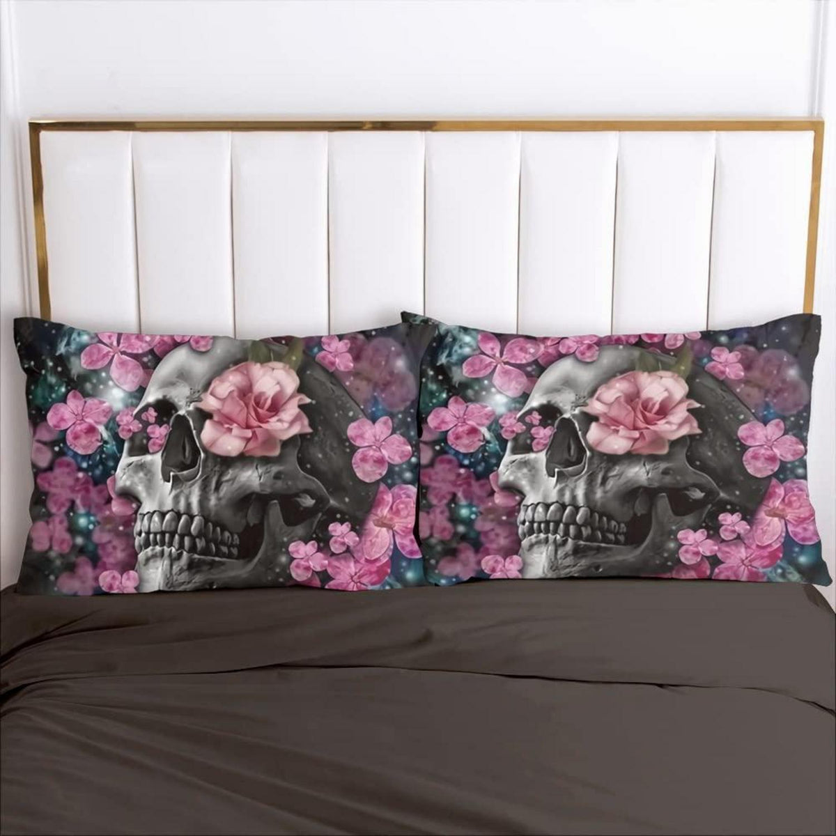 Gothic Bettwäsche Set Totenkopf Blumen 135x200 cm 4-teilig