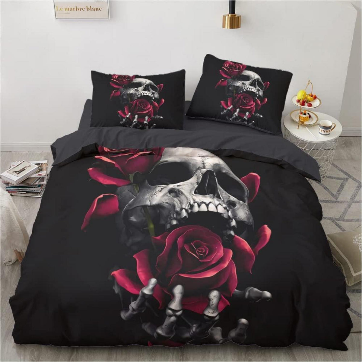 Gothic Bettwäsche Set Totenkopf Rosen 135x200 cm 4-teilig