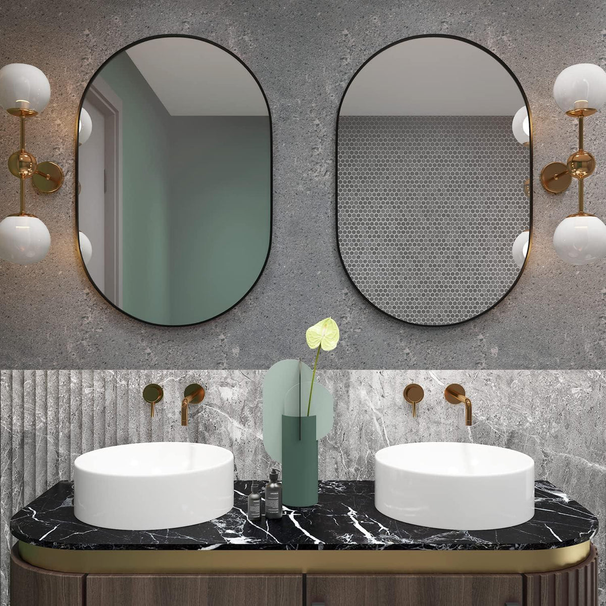 Moderner ovaler Wandspiegel 50x76cm - 2er Set mit schwarzem Rahmen