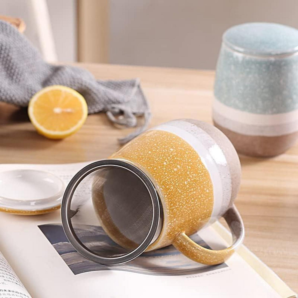 Teetasse Keramikbecher mit Filter und Abdeckung 350 ml, Blau