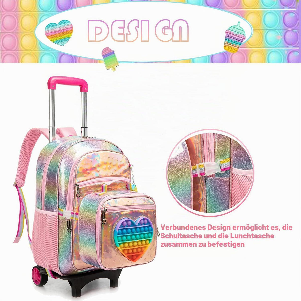 Schulranzen mit Rollen für Mädchen – Herz-Rosa Trolley Rucksack